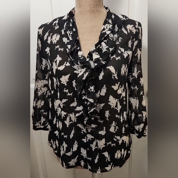 HD In Paris Anthropologie Black and White Ruffle Toile Blouse Size 4 - Picture 1 of 6